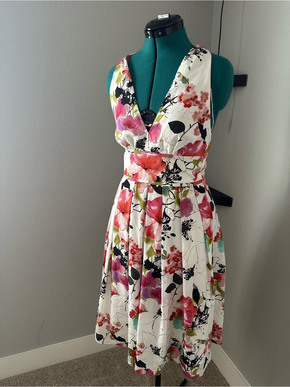 Adrianna Papell White Floral V-Neck Midi Dress with Pink, Coral & Black Accents